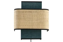 Applique murale en lin bleu paon et rabane naturelle H28 cm TERA