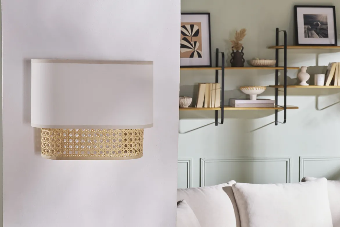 Applique murale en tissu blanc et cannage rotin naturel H20 cm TIWY