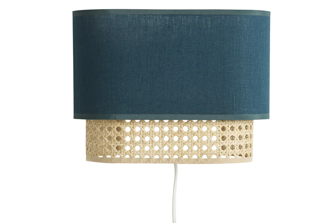 Applique murale en tissu bleu canard et cannage rotin naturel H20 cm TIWY