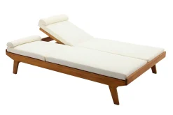 Bain de soleil double avec dossiers multipositions beige et bois massif L127 cm CARACAS
