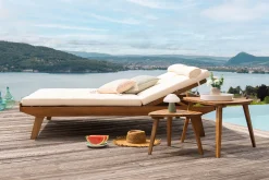 Bain de soleil double avec dossiers multipositions beige et bois massif L127 cm CARACAS