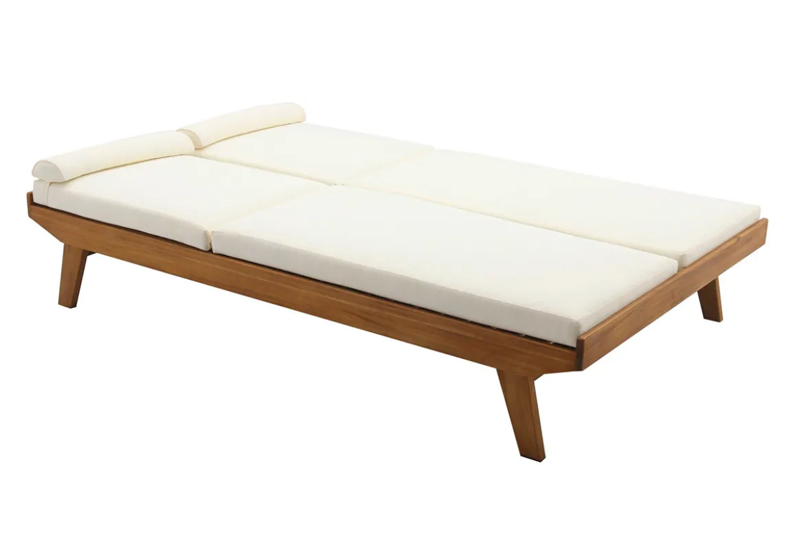Bain de soleil double avec dossiers multipositions beige et bois massif L127 cm CARACAS