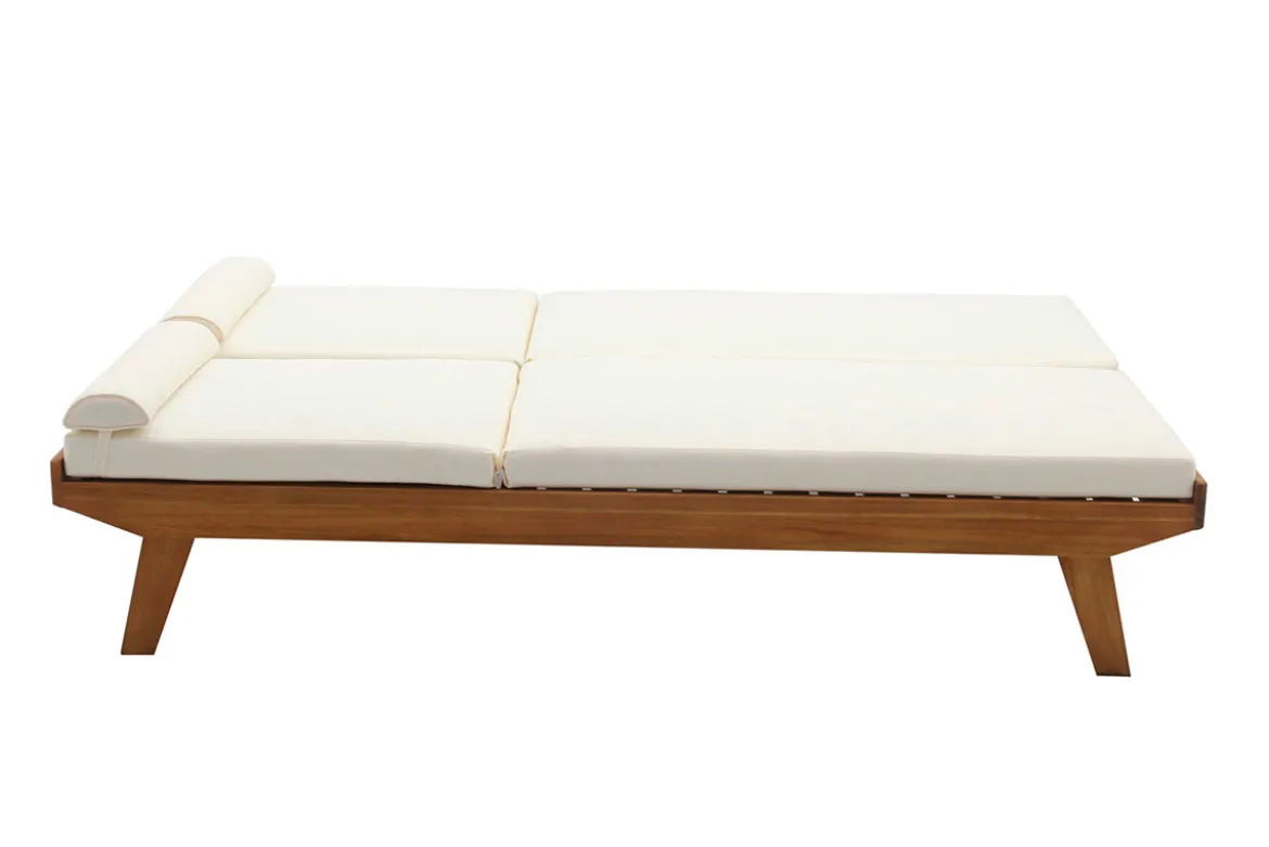 Bain de soleil double avec dossiers multipositions beige et bois massif L127 cm CARACAS