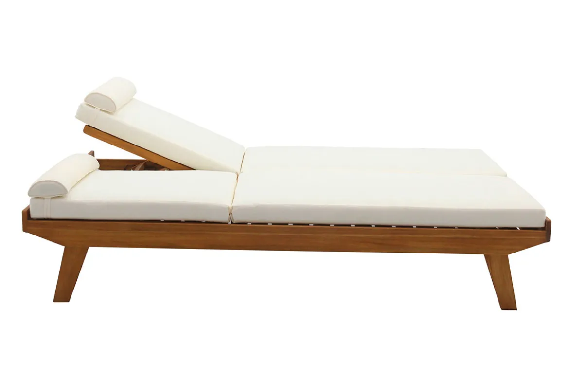 Bain de soleil double avec dossiers multipositions beige et bois massif L127 cm CARACAS