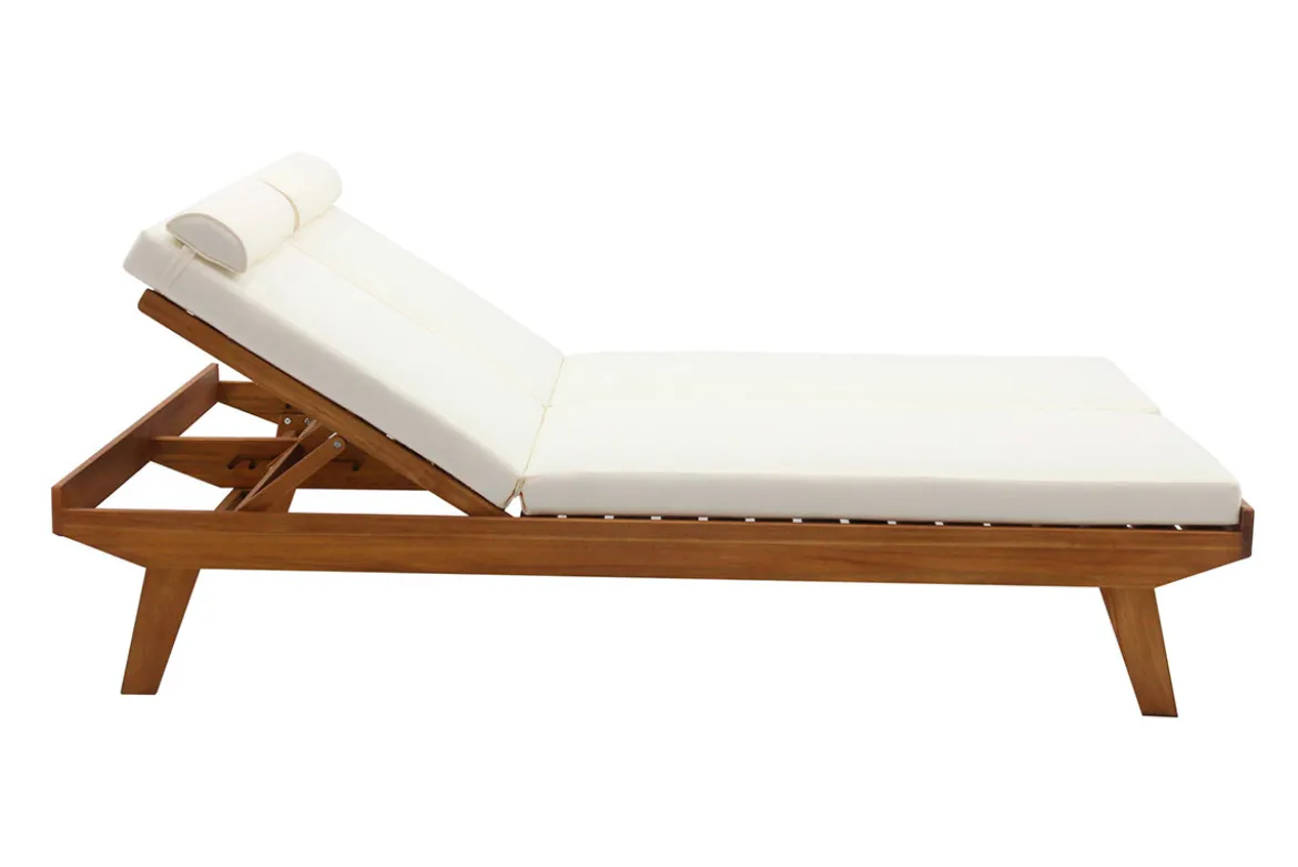Bain de soleil double avec dossiers multipositions beige et bois massif L127 cm CARACAS