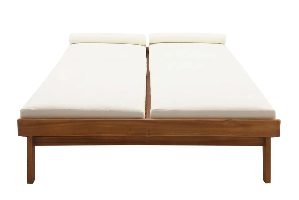 Bain de soleil double avec dossiers multipositions beige et bois massif L127 cm CARACAS