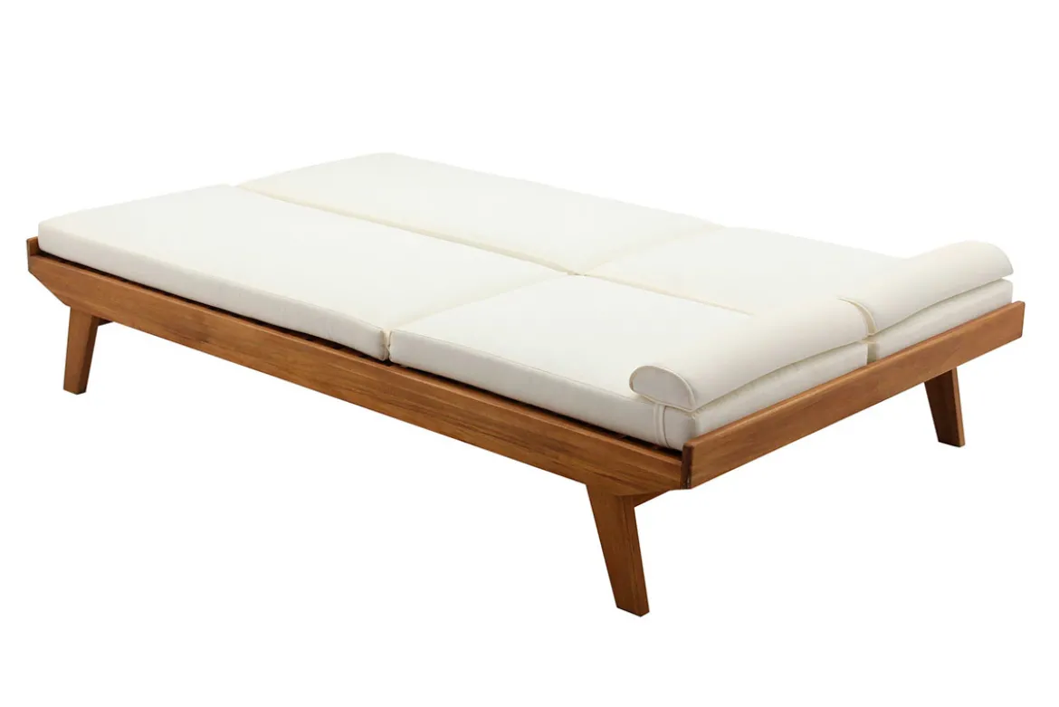 Bain de soleil double avec dossiers multipositions beige et bois massif L127 cm CARACAS