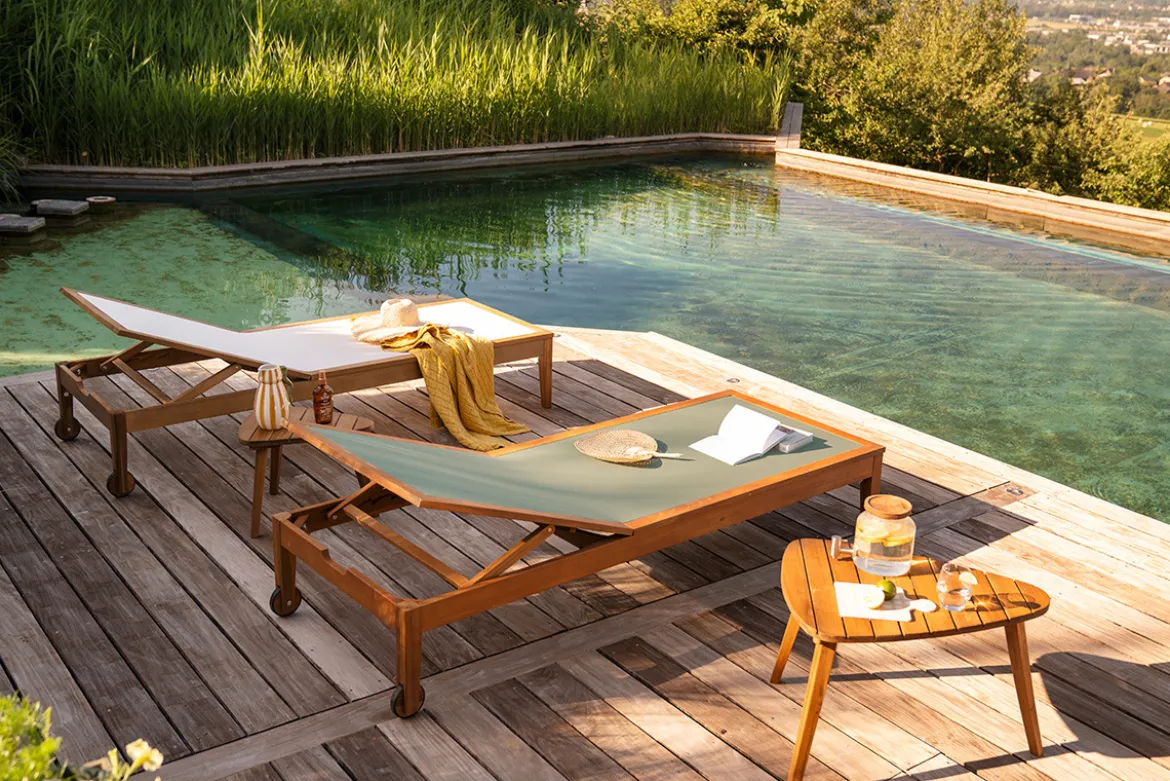 Bains de soleil vert kaki et bois massif (lot de 2) NAVEEN