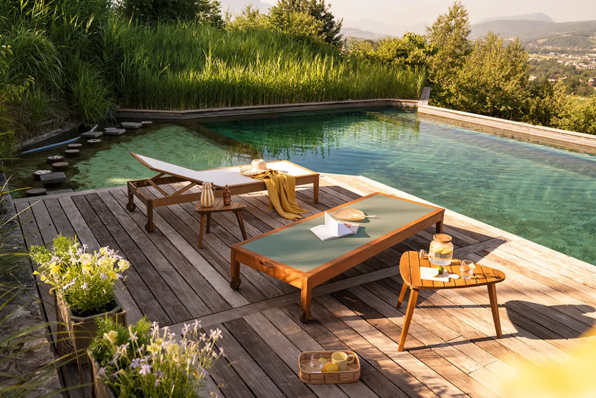 Bains de soleil vert kaki et bois massif (lot de 2) NAVEEN