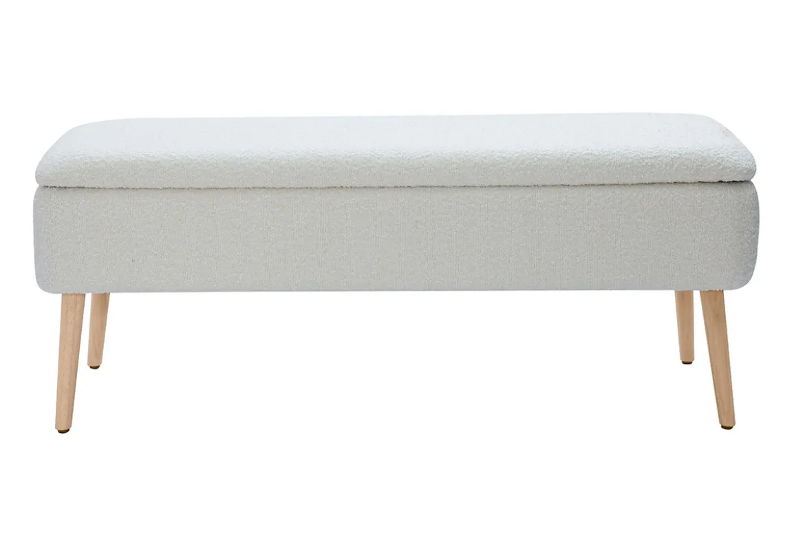 Banc coffre effet laine bouclée blanc et bois clair massif L120 cm LARS