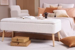 Banc coffre effet laine bouclée blanc et bois clair massif L120 cm LARS