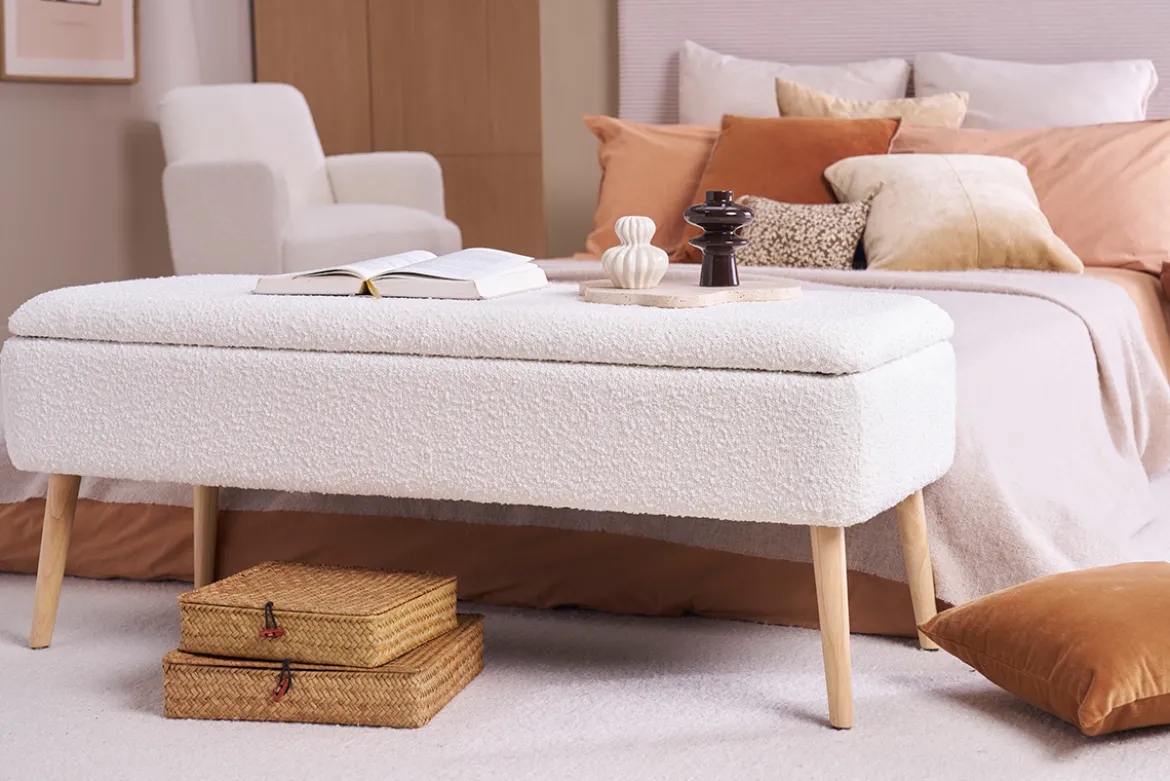 Banc coffre effet laine bouclée blanc et bois clair massif L120 cm LARS