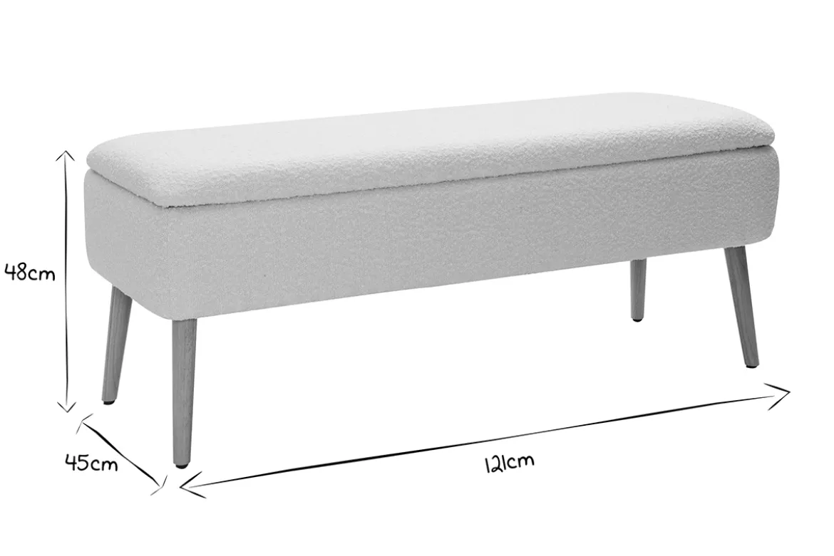 Banc coffre effet laine bouclée blanc et bois clair massif L120 cm LARS