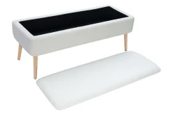 Banc coffre effet laine bouclée blanc et bois clair massif L120 cm LARS