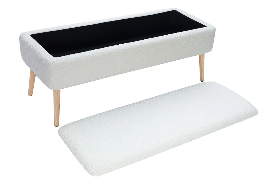 Banc coffre effet laine bouclée blanc et bois clair massif L120 cm LARS