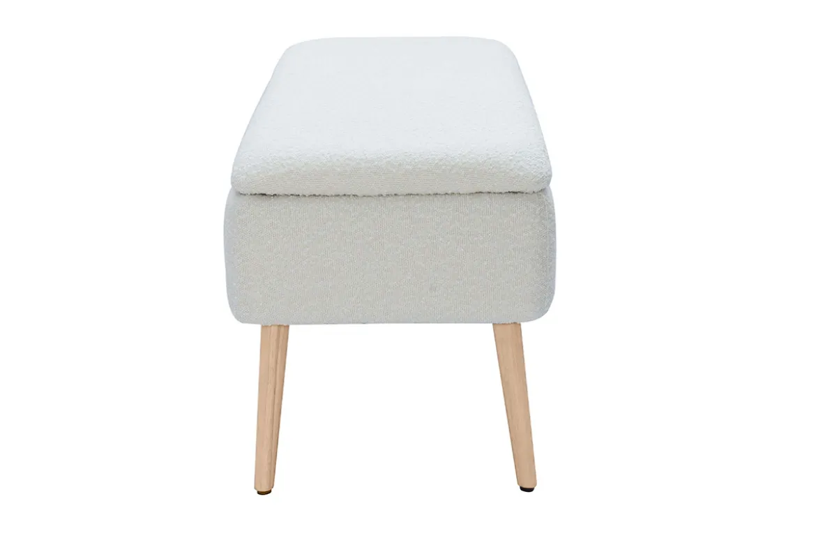 Banc coffre effet laine bouclée blanc et bois clair massif L120 cm LARS