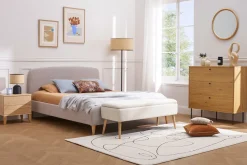 Banc coffre effet laine bouclée blanc et bois clair massif L120 cm LARS