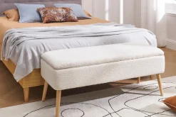 Banc coffre effet laine bouclée blanc et bois clair massif L120 cm LARS