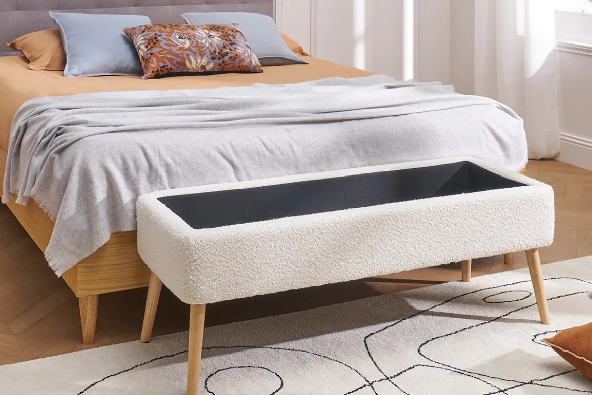 Banc coffre effet laine bouclée blanc et bois clair massif L120 cm LARS