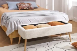 Banc coffre effet laine bouclée blanc et bois clair massif L120 cm LARS