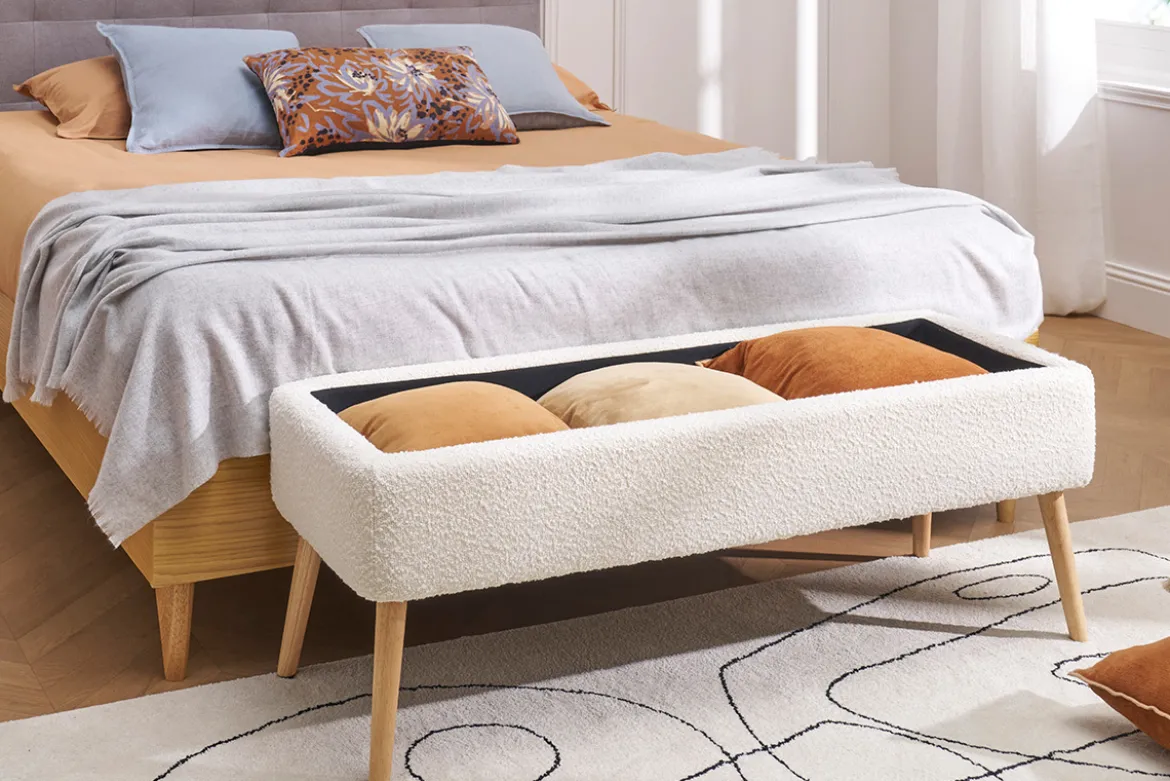 Banc coffre effet laine bouclée blanc et bois clair massif L120 cm LARS