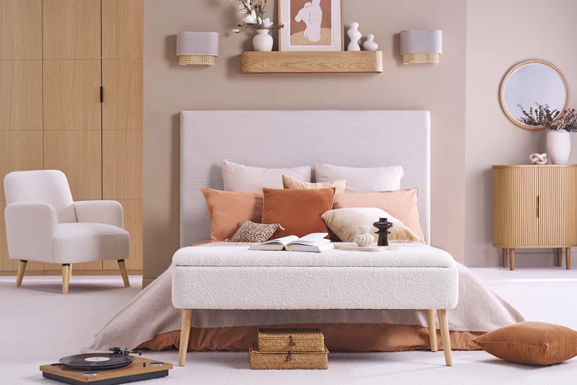 Banc coffre effet laine bouclée blanc et bois clair massif L120 cm LARS
