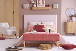 Banc coffre en tissu effet velours texturé terracotta et bois clair massif L120 cm LARS