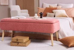 Banc coffre en tissu effet velours texturé terracotta et bois clair massif L120 cm LARS