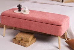 Banc coffre en tissu effet velours texturé terracotta et bois clair massif L120 cm LARS