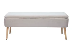 Banc coffre en tissu effet velours texturé beige et bois clair massif L120 cm LARS