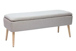 Banc coffre en tissu effet velours texturé beige et bois clair massif L120 cm LARS