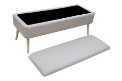 Banc coffre en tissu effet velours texturé beige et bois clair massif L120 cm LARS