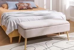 Banc coffre en tissu effet velours texturé beige et bois clair massif L120 cm LARS
