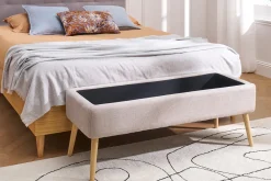 Banc coffre en tissu effet velours texturé beige et bois clair massif L120 cm LARS