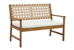 Banc de jardin en bois massif 2 places avec coussin blanc et sangles L114 cm SANTANA