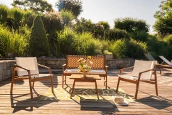 Banc de jardin en bois massif 2 places avec coussin blanc et sangles L114 cm SANTANA