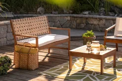 Banc de jardin en bois massif 2 places avec coussin blanc et sangles L114 cm SANTANA