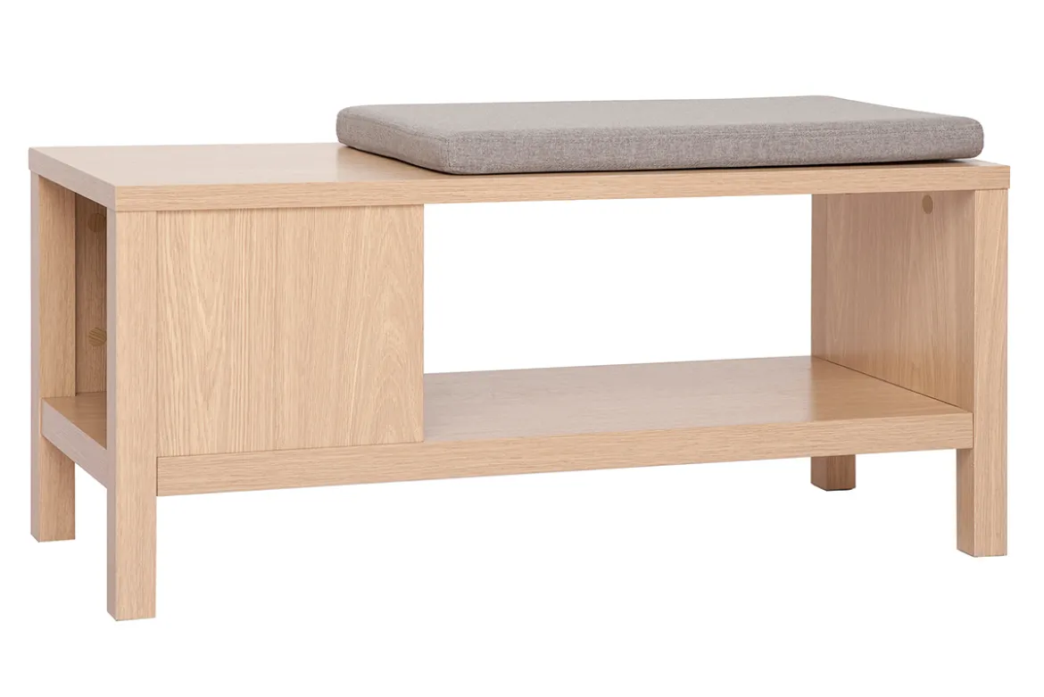 Banc d'entrée avec rangement finition bois clair chêne avec coussin banquette grège L100 cm GUMBY