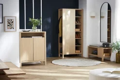 Banc d'entrée avec rangement finition bois clair chêne avec coussin banquette grège L100 cm GUMBY