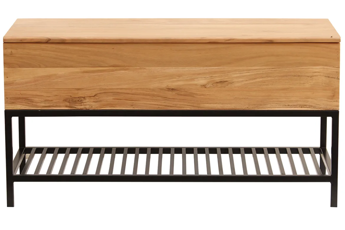 Banc d'entrée industriel avec coffre de rangement en bois massif et métal noir L100 cm SORG