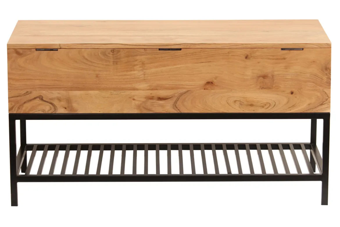 Banc d'entrée industriel avec coffre de rangement en bois massif et métal noir L100 cm SORG