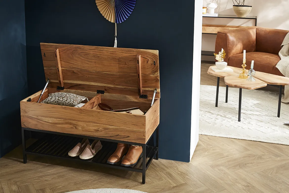 Banc d'entrée industriel avec coffre de rangement en bois massif et métal noir L100 cm SORG