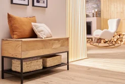 Banc d'entrée industriel avec coffre de rangement en bois massif et métal noir L100 cm SORG