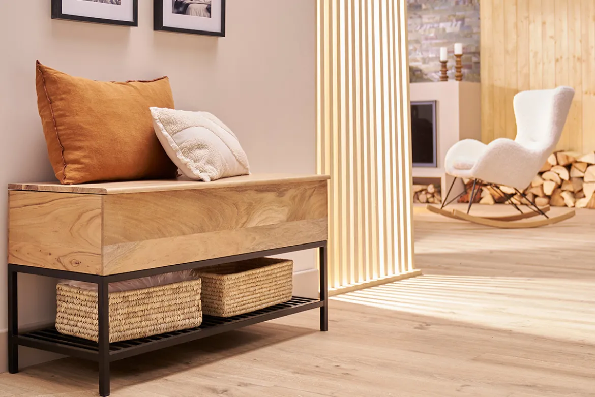 Banc d'entrée industriel avec coffre de rangement en bois massif et métal noir L100 cm SORG