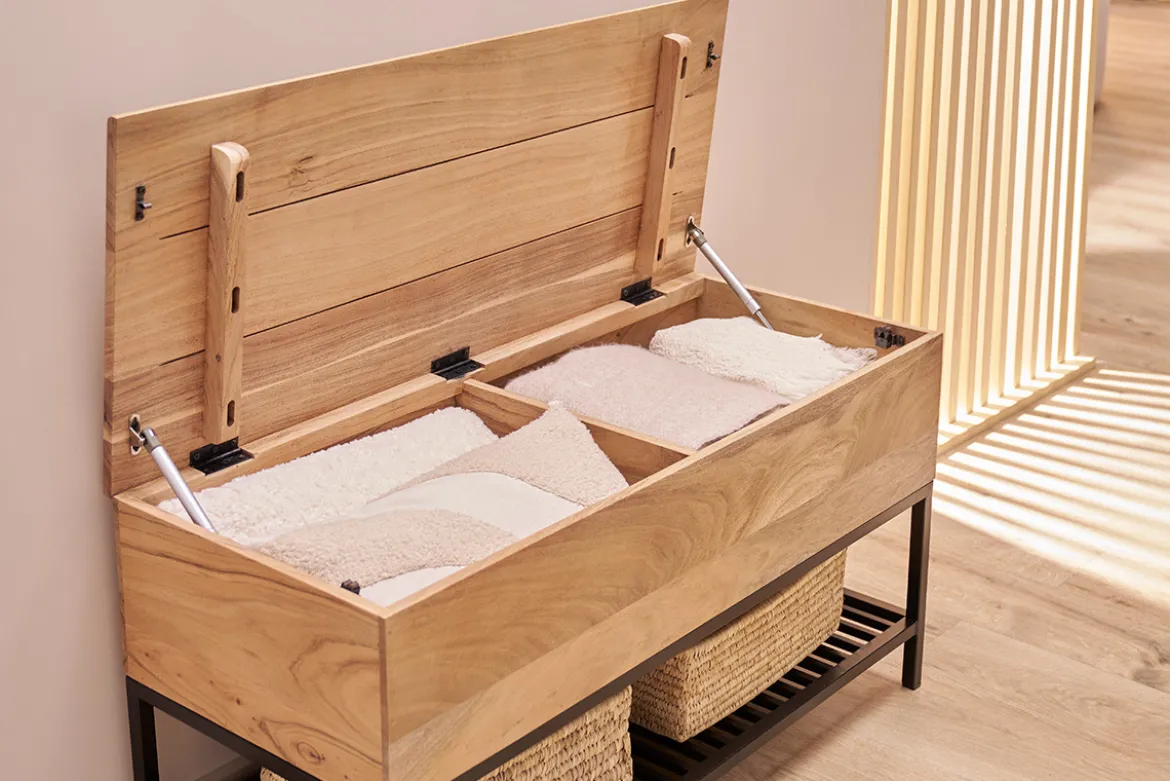 Banc d'entrée industriel avec coffre de rangement en bois massif et métal noir L100 cm SORG