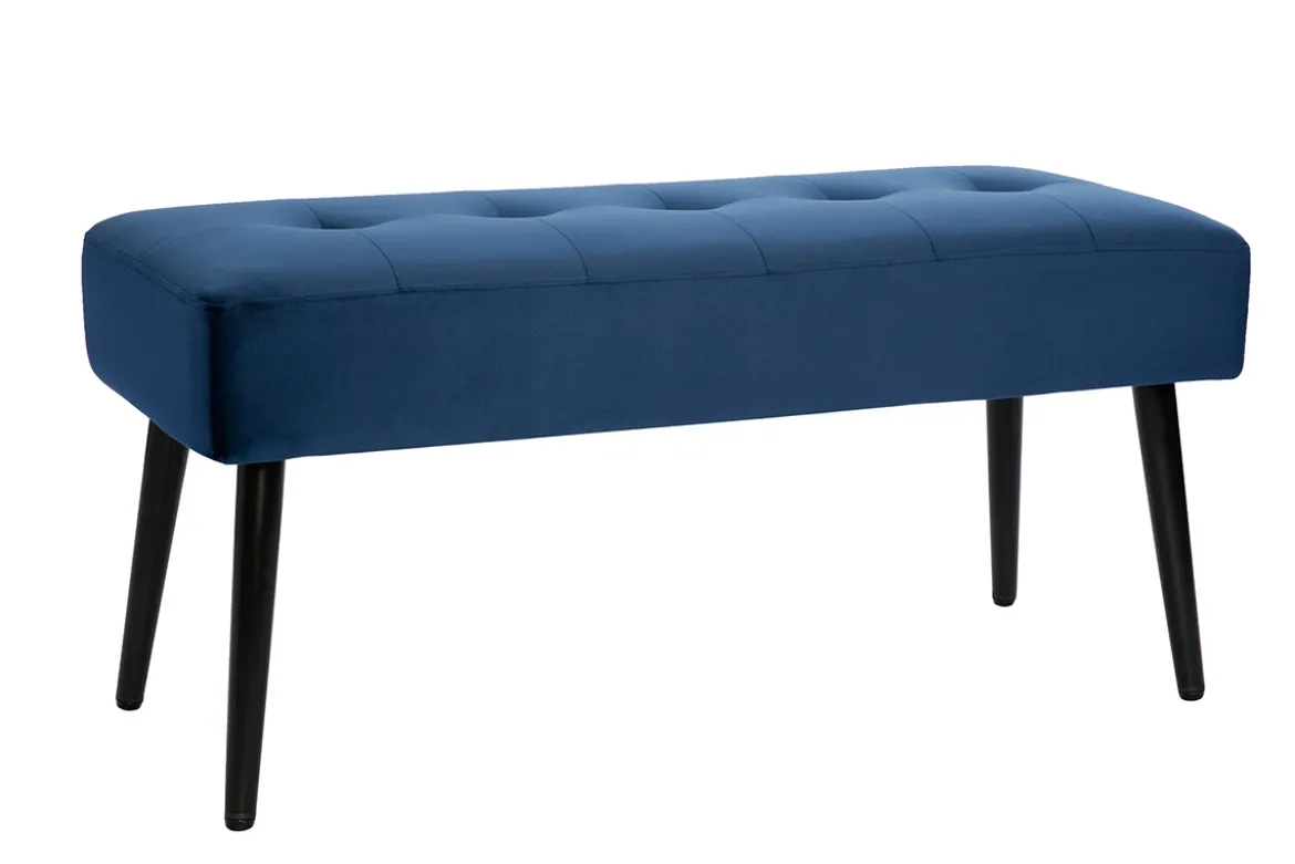 Banc design capitonné en tissu velours bleu nuit et métal noir L96 cm GUESTA