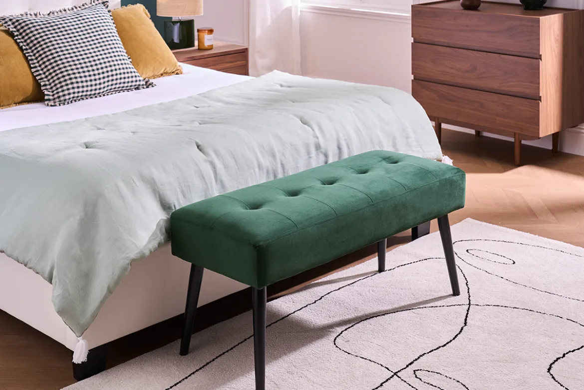 Banc design capitonné en tissu velours vert foncé et métal noir L96 cm GUESTA