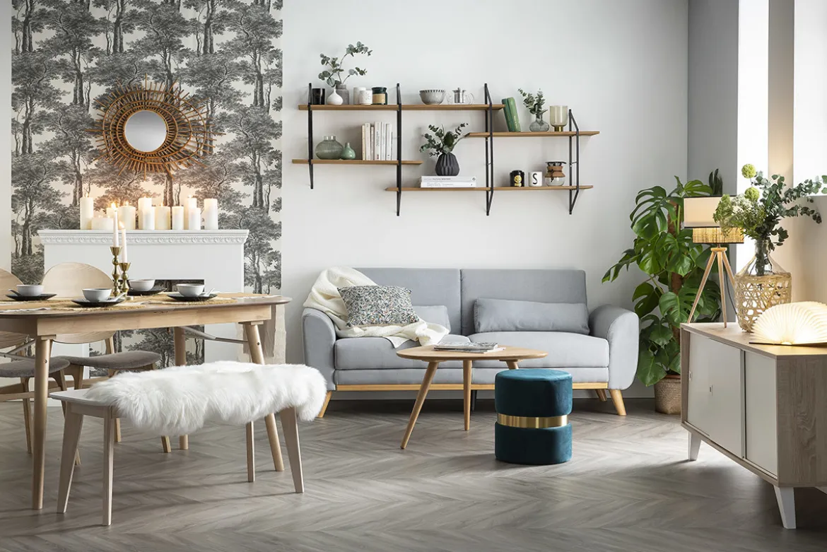 Banc scandinave blanc et bois clair L100 cm LEENA