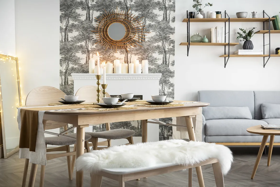 Banc scandinave blanc et bois clair L100 cm LEENA