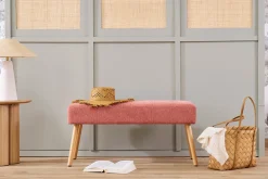 Banc scandinave capitonné en tissu effet velours texturé terracotta et bois clair L96 cm GUESTA
